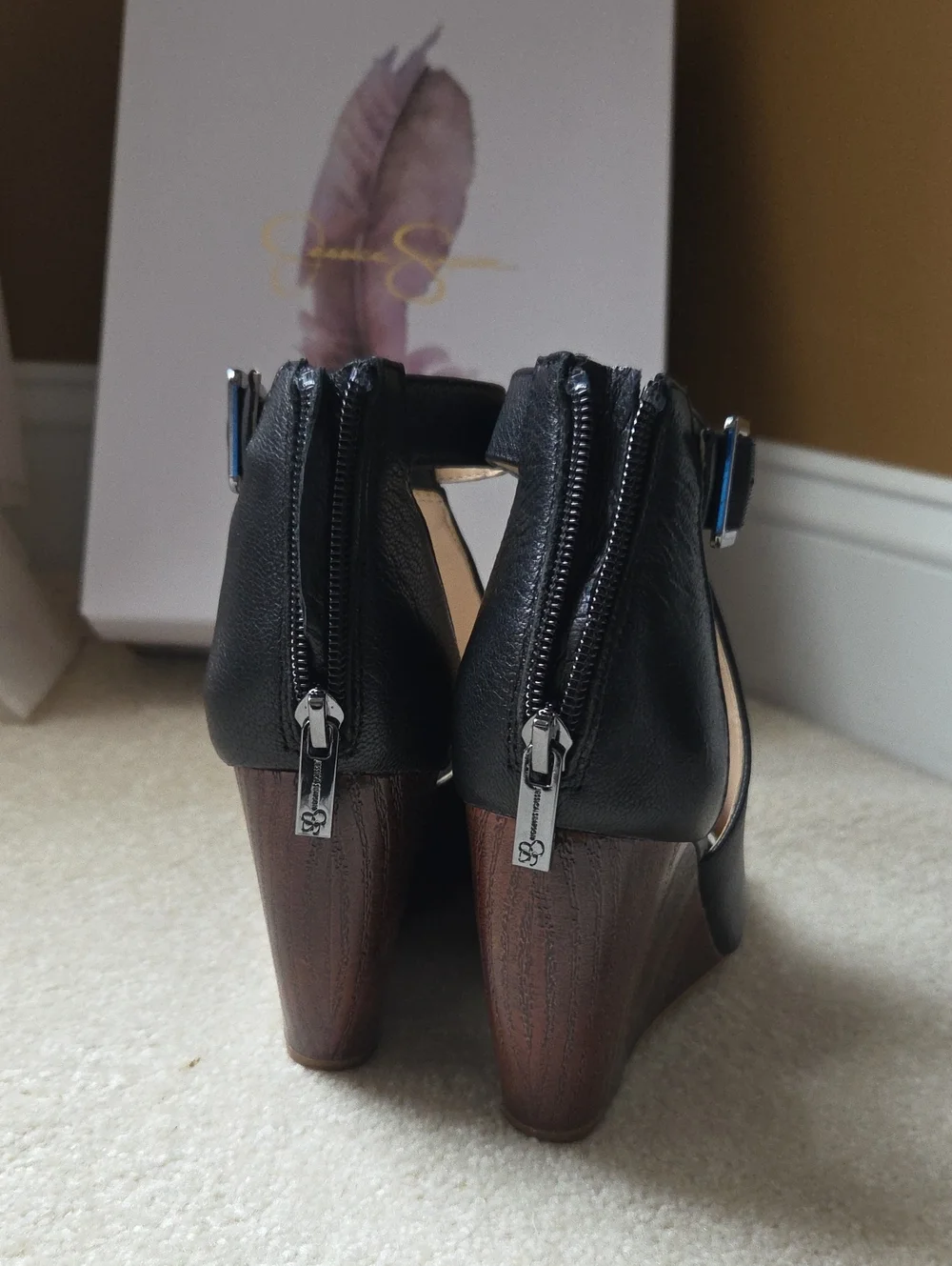 Jessica Simpson Black Peep-Toe Wedge Sandals with Ankle Buckle